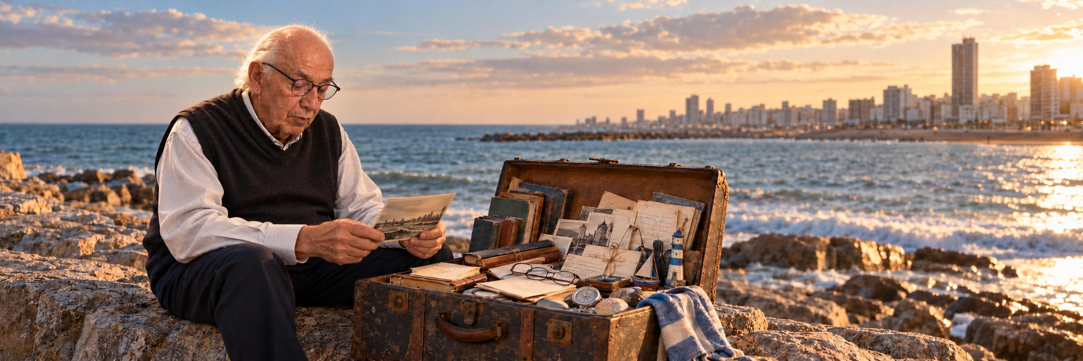 Mario sentado junto a un baúl lleno de recuerdos, frente al mar de Mar del Plata