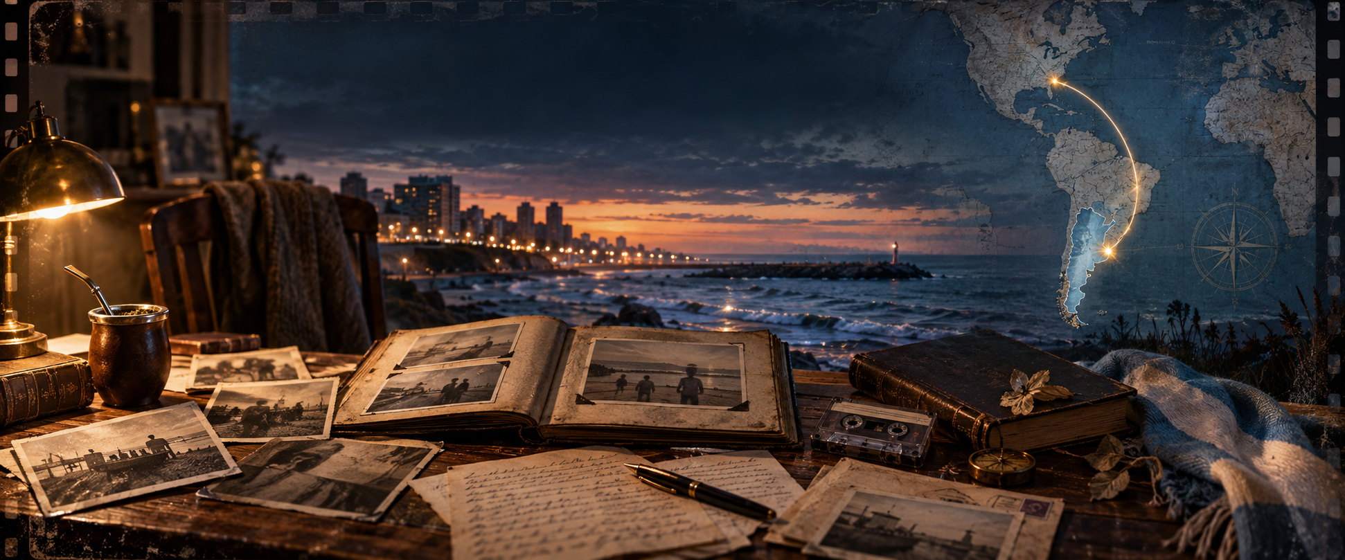 Archivo de recuerdos frente a la costa de Mar del Plata, unido con Argentina y Estados Unidos en un mapa